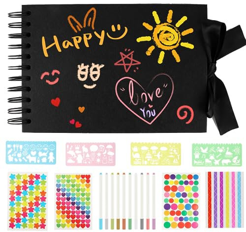 Fotoalbum zum Selbstgestalten, Scrapbook 80 Seiten Fotobuch 21.5×15cm mit Schablonen Aufkleber, DIY Fotobuch Schwarze, Fotoalbum Mit 80 Seiten Scrapbook, Für Geburtstag, Hochzeit