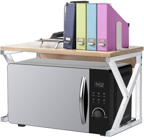 Shally Dogan Scaffalatura Salvaspazio Porta Microonde in Acciaio e Legno, Scaffale da Cucina con 1 Ripiano, Unità di Mensole Piedini Antiscivolo, Mensola Multiuso Design Moderno (Beige + Bianco)