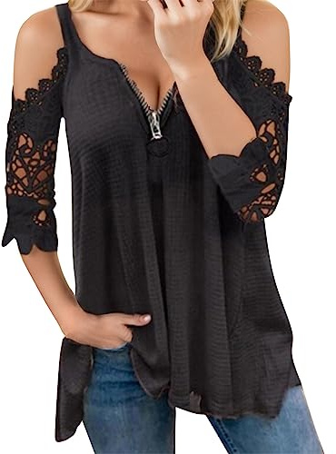 Kanpola skjortblus damer kortärmad blus topp sexig axellös tunika blus skjorta V-ringad spetsblus bastoppar dragkedja sommarskjortor elegant lång skjorta bomullstoppar, Black 2, M