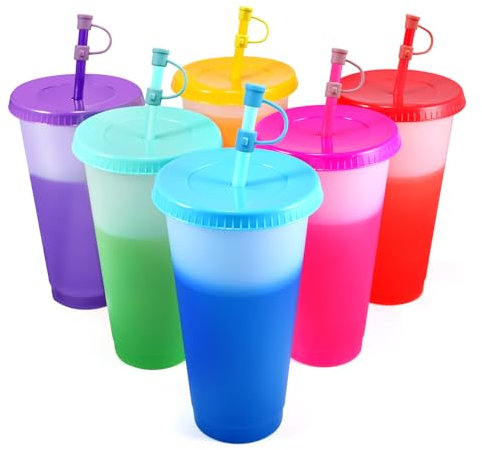 6 Stück Plastikbecher Trinkbecher Becher mit Deckel & Strohhalm Abdeckung - 710ml Mehrweg Tasse Farbwechselbecher Kaffeebecher to go Becher für Eiskaffee Kaltes Trinken Smoothie (mit Stroh Abdeckung)