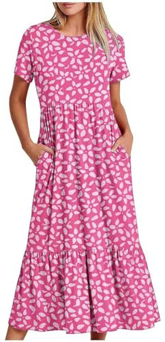 Women Summer Dresses Short Sleeve Baggy Midi Dress with Pockets Round Neck Casual Loose Calf Length Flowy Swing Dress Sun Dresses Ladies Elegant Summer Vacation Holiday Beach Dresses UK Sale Clearance