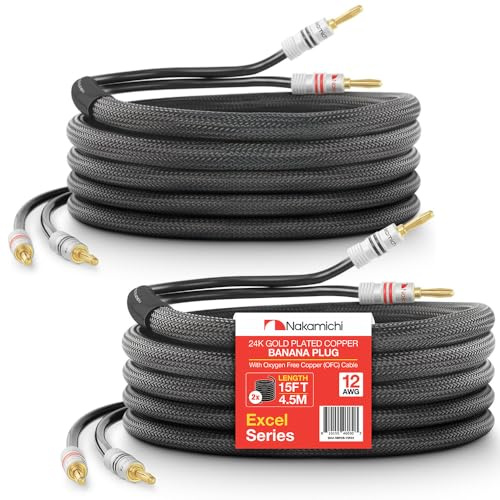 Nakamichi 24K vergoldeter Bananenstecker mit Lautsprecherkabel, 99,9% sauerstofffreies Kupfer (OFC), robustes geflochtenes Kabel, CL2-zertifiziert - Schwarz (12AWG / 15 Fuß / 4,5 Meter) 2er-Pack