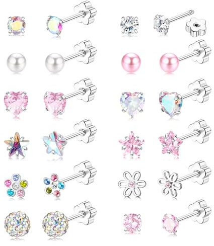 JeweBella 12/14Pairs Flat Back Earrings Stud Earrings for Women Girls Kids Surgical Steel Hypoallergenic Pearl Flower Heart CZ Cute Pink Earring Set Screw Back Sleeper Earring 20G