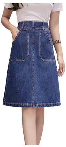 Qiribati Women's High Elastic Waist Denim Skirt Loose Fit Solid Color Jean Skirts A-line Knee-Length