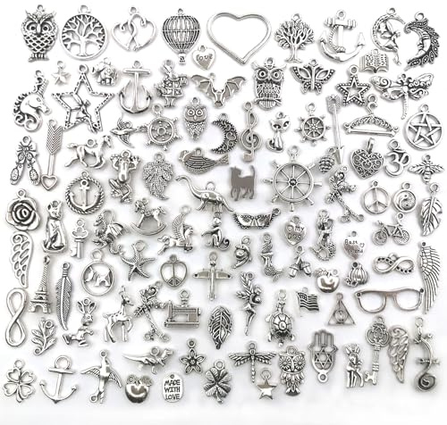 100PCS Mixed Silver Charms Set - Tibetan Silver Plated Pendants for Jewelry Making, Crafting, DIY Bracelets, Necklaces, and Earrings