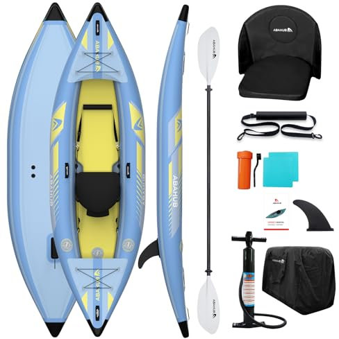 Abahub 320cm Aufblasbares Kajak 1 Person Inflatable Kayak mit Kajak Paddel, Kajaksitz, Fußstütze, Handpumpe und Tasche für Kajakfahren Kanu Schlauchboot 1 Platz 320x89x23cm Hellblau