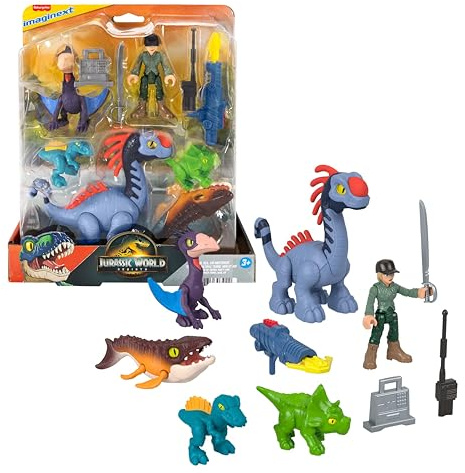 Imaginext Jurassic World La Rinascita - Set Action Figures, un personaggio umano e 5 dinosauri ispirati al film, con lanciatore e accessori inclusi, giocattolo per bambini, 3+ anni, JFR25