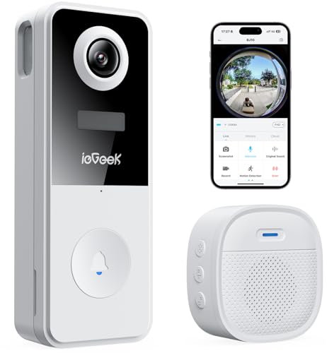 ieGeek 2K Sonnette sans Fil Exterieur Etanche, Sonnette sans Fil avec caméra fisheye 180°, Compatible Alexa | Détection IA | IP65 Étanche | Vision Nocturne | WiFi 2,4 GHz Uniquement | Install Facile