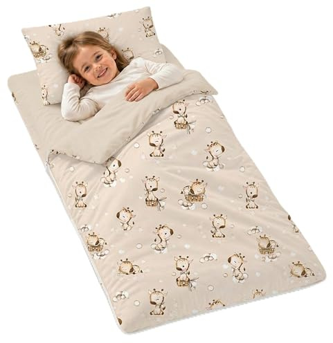 Totsy Baby Sac de Couchage Enfant avec Coussin et Fermeture éclair pour bébé de 3 à 7 Ans - 75x140 cm Sac de Couchage intérieur pour garderie Maternelle Oeko-Tex 75 x 140 Girafe