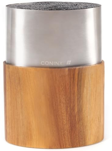 Coninx Bloque Cuchillos Cocina Acero Inox Ovalado con Inserto de Madera de Acacia – Portacuchillos Universal para 12 Cuchillos – Soporte Antideslizante, Fácil de Limpiar, Vacío