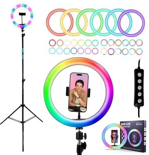 TronicXL Luce ad anello a LED RGB USB con treppiede da 210 cm grande + anello Light con supporto per smartphone Tripod Beauty Treppiede per fotocamera TikTok YouTube Streaming Smartphone LiveStream
