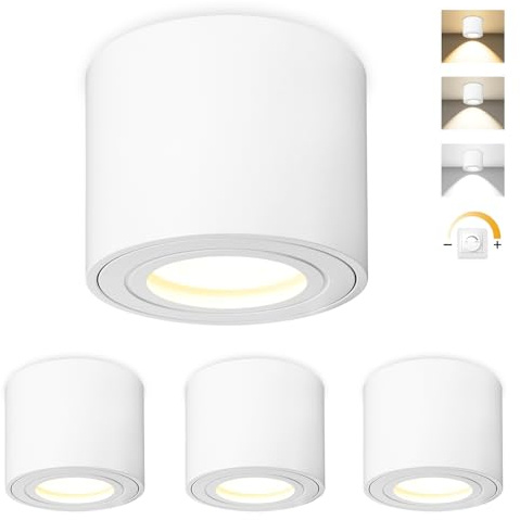 URing 4x LED Spot Plafond Blanc, Spots en saillie IP44 Ø80x65mm Extra Plat, Spot Plafonnier 230V incluant Module LED 5W 550LM, 3000K/4000K/6500K Dimmable, Rond Aluminium pour Salle de Bain Cuisine