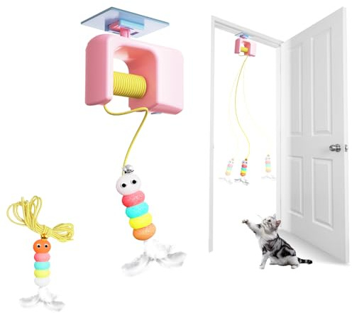 Auveach Giochi interattivi per Gatti Giocattolo Automatico Ricaricabile USB Appeso alla Porta Retrattile, Bruco con Piuma e Campanello per Caccia Esercizio Arricchimento Ambientale (Rosa)