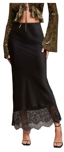 GORGLITTER Women's Elegant Satin Fishtail Long Skirts High Waisted Contrast Lace Evening Maxi Skirt Black Medium
