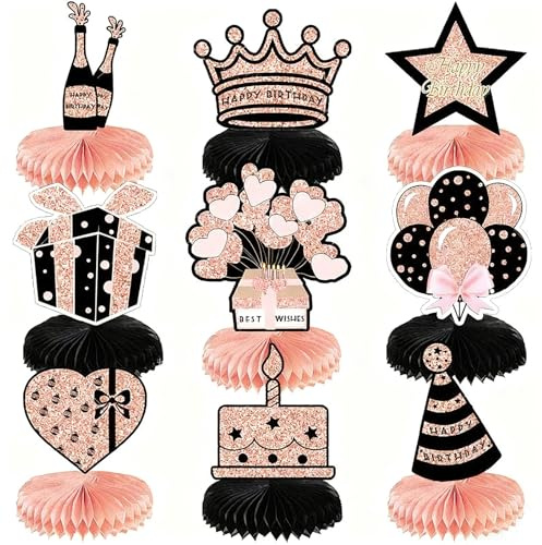 DiiWmme Decorazioni da tavola a nido d'ape nere e rosa, 9 pezzi, colore nero e rosa, decorazioni da tavola per feste di compleanno, riutilizzabili, per la tavola di buon compleanno (nero e rosa)