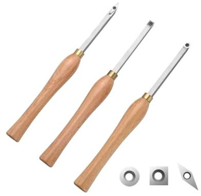Aisuoka Juego de Cinceles para Torno de Madera, 3 Piezas, Herramientas para Tornear Madera, Incluye Hojas de Carburo de Diamante Cuadradas, Redondas para Tornear Madera