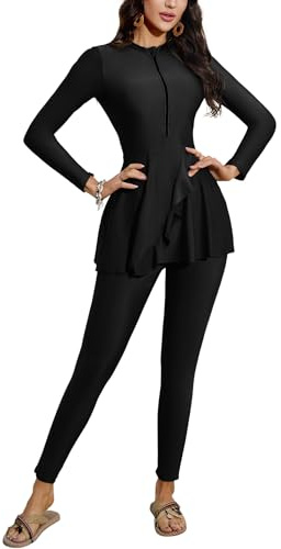 Women's Modest Swimwear: Long Sleeve Burkini 2 Pieces Full Cover Bathing Suit, Rash Guard Wetsuit - Muslim Swimming Costume Black M