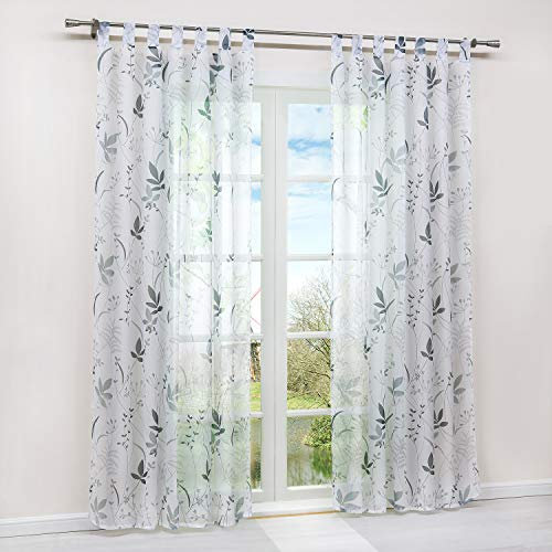 HongYa 1 Stück Schlaufenschal Transparenter Vorhang Voile Gardine Schal mit Schlaufen H/B 145/140 cm Blatt Muster