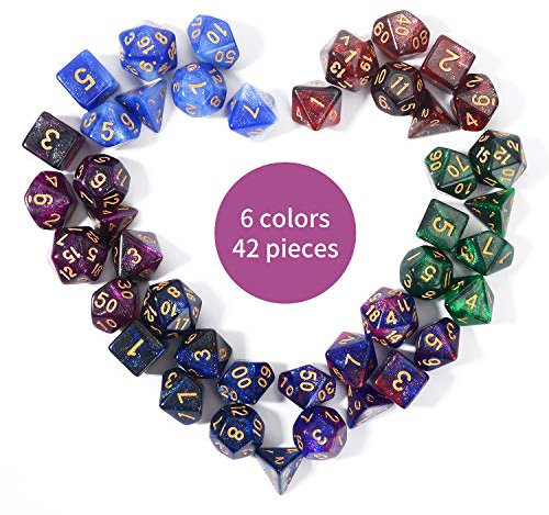 FLASHOWL Polyhedral & RPG Dice Polyederwürfel DND Würfel Sternenhimmelwürfel 42 Teile Würfelspiele 6 Sätze Tischspiele Würfel Set W20, W12, W10, W8und DND RPG MTG Würfel Spielwürfel (42 Teile)