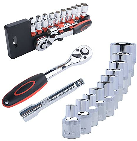 XYZDOUBLE 12 Pièces Jeu de Clés à Douille avec Cliquets 1/2 Inserts Hexagonaux de 8mm - 24mm et Rallonge Cliquet Réversible de 125.5 mm en Cr-V avec Déclencheur à Bouton Poussoir