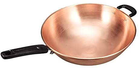 Funmaker Heateven - Pentola antiaderente in rame puro (diametro 30 cm), wok in rame fatto a mano