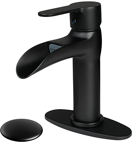 SOKA Matte Black Bathroom Faucet Waterfall Bathroom Sink Faucets Single Handle Single Hole Lavatory Washbasin Faucet with Pop Up Drain, Modern Vanity Sink Faucet