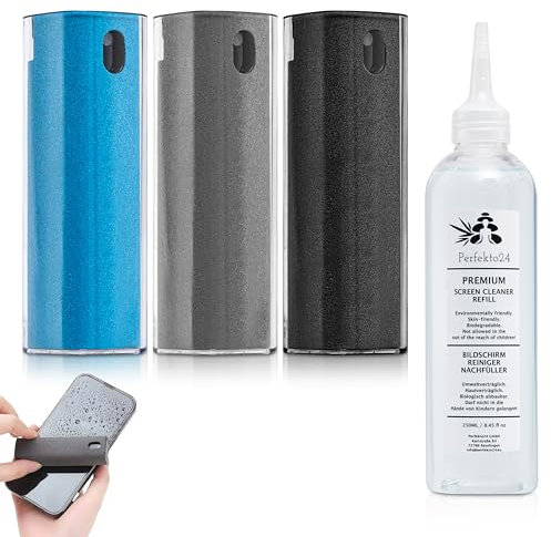 Perfekto24 Bildschirmreiniger Nachfüllflasche - Reinigungslösung für 2in1 Bildschirmreiniger - Smartphone Bildschirm Reinigungslösung - Nachfüllflasche (250ml) (Blau)