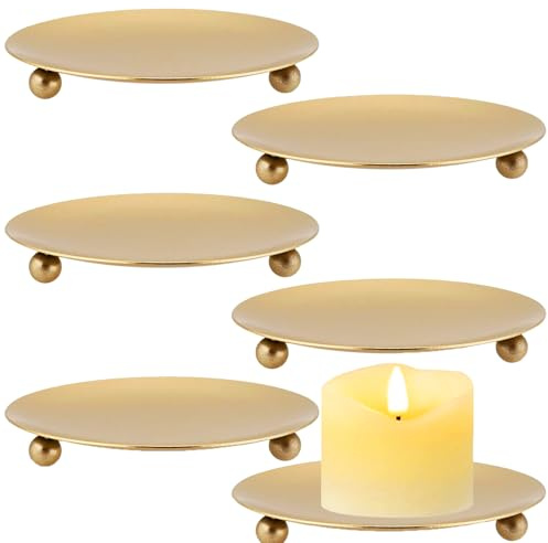 KEILEOHO 6 Pack Gold Candle Holders, 4.5 Inch Gold Iron Plate Candle Holder, Decorative Pillar Candle Plate Stand for Wedding Christmas Pillar Candles, Incense Cones, Wax Candles