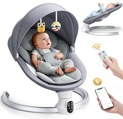 Hlieeosfcn Elektrische Babyschaukel,Babywippe elektrisch mit Fernbedienung Und App-Verbindung, Babywippe mit 5 Schwingungsamplituden & Timer, abnehmbares Moskitonetz & Verdeck,für Baby 0-6 Monate
