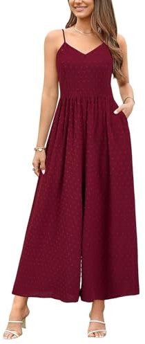 LAISHEN Jumpsuit for Women UK Playsuits Wide Leg Dressy Pants Overall Ladies Summer Casual Dungarees Romper with Pockets (Wine, L)
