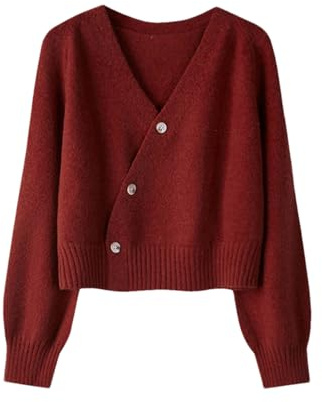 Maglione con Scollo A V Cardigan con Bottoni Obliqui da Donna Autunno Inverno Maglione in Cashmere Solido Sciolto A Maniche Lunghe Lavorato A Maglia Burgundy One Size