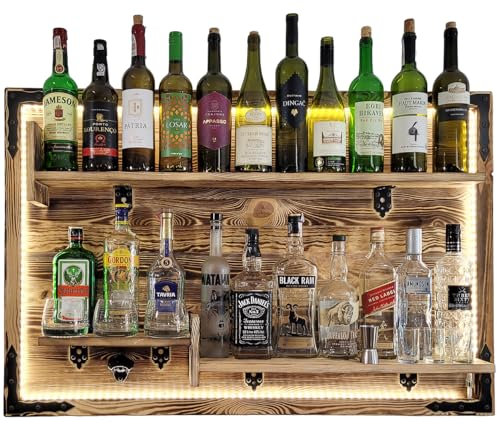 weeco Hängendes Regal an der Wand LED Beleuchtung, rustikale Wandbar, Wandregal für Whisky, Rustikaler Alkohol, Gin, Alkoholständer, Weinstand, Wandbarregal, Weinstand