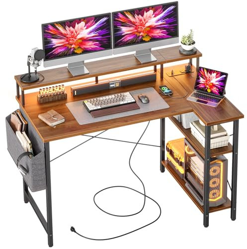 BEXEVUE Eckschreibtisch mit Steckdosenleiste LED – 120x70 cm Ergonomic Kleiner L-förmiger Ablagefächer, Umkehrbarer PC Ecktisch Computertisch, Corner Gaming Tisch, Studium Arbeit Zuhause Schlafzimmer