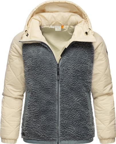 Ragwear warme Damen Übergangsjacke Hybrid-Plüschjacke kurz mit gesteppten Ärmeln und Kapuze Leeloo Grey Blocked Gr. M