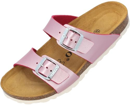 Palado Pantoletten Damen Samos - elegante Sandalen Made in Spain - bequeme Hausschuhe mit dämpfendem Kork-Fußbett - modische Sommerschuhe Metallic Pink UK8 - EU41