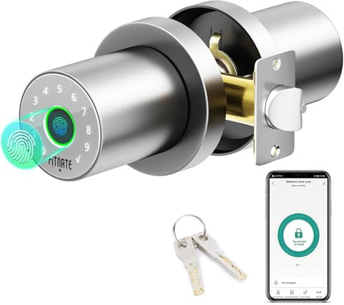FITNATE Biometric Door Knob with Keypad, 4-in-1 Smart Door Lock(Fingerprint/App/Code/Key), Auto Locking, Easy Installation for Bedroom, Apartment, Hotel, Office (Silver)