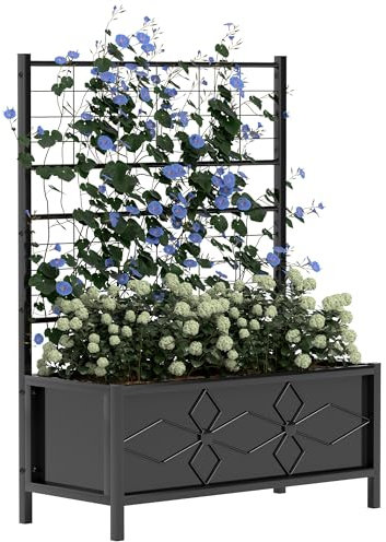 Outsunny Letto per Orto Rialzato da Esterno con Spalliera, Decorazione a Diamante, Fioriera con Traliccio per Piante Rampicanti in Acciaio con 2 Fori di Drenaggio, per Piante, Fiori, 90x40x120cm, Nero