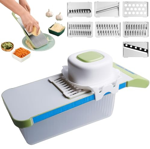 Affettaverdure in acciaio inox, 7 in 1, multifunzione, taglia cipolla, affettatrice multiuso per verdure, affettatrice per cetrioli, grattugia per verdure con cestello di scarico e 6 lame