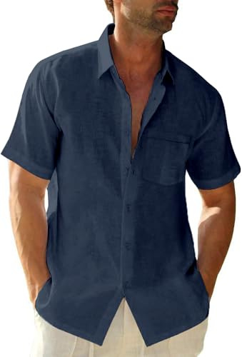 Glacspyg Camisa de Lino Camisa de Manga Corta para Hombre Camisa Casual de Trabajo Camisa Entallada Casual de Negocios Vacaciones de Verano Playa con Bolsa