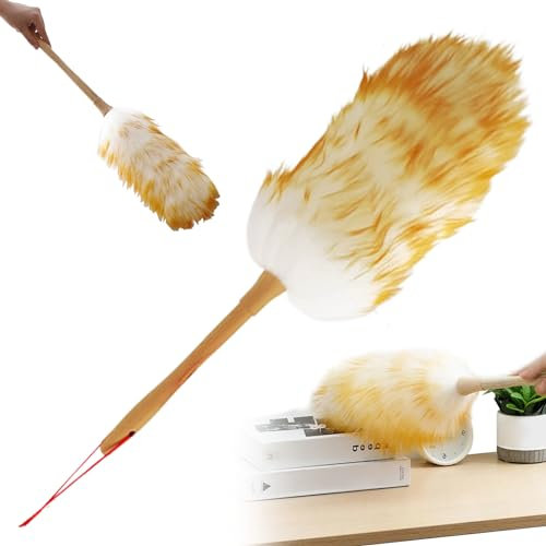 Meooyo Duster de Cordero con asa de Madera, Plumero antiestático de 17 Pulgadas, platillos Flexibles para Ventiladores de Techo de Limpieza, Pantallas de computadora, estanterías