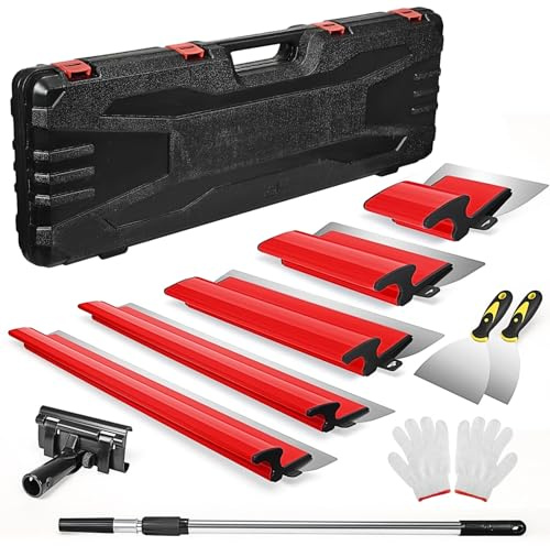 Spatule Enduit Lissage Set, comprenant 5 grattoirs de surface (190 mm demi-lune 250 mm 400 mm 600 mm 800 mm) avec lames de rechange 2 grattoirs à main tige télescopique en aluminium (Rouge)