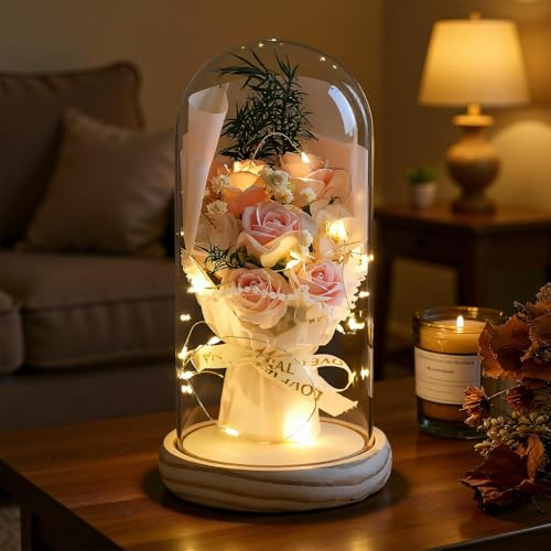 Artificial Roses in Glass Dome with LED Lights, Gift for Mum, Women&Grandma | Handmade lifelike blooms that look freshly picked, a thoughtful birthday surprise for her