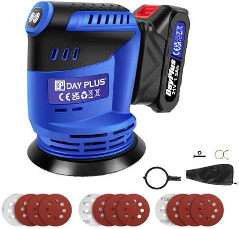 21V Cordless Sander Electric Random Orbit Sander, 125MM Handheld Palm Sanding for Walls and Wood, 3 Adjustable Speed Battery Sanding Machine with Dust Collector, 12PCS Sandpapers