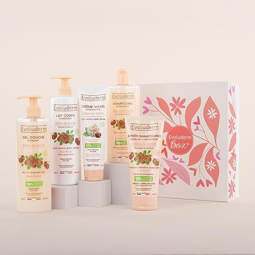 EVOLUDERM – Coffret Cadeau Corps & Cheveux Délice de Karité – 5 produits + Gant Offert – Origine Naturelle - Végan – Made in France - Idéal cadeau Noël, Anniversaire, Fête des Mères (Eternelle)