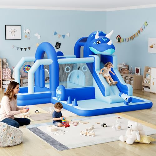 Maison gonflable dinosaure avec glissière et blower, grand château rebondissant en tissu Oxford 382 × 375 × 254 cm, maison de saut pour enfants pour les fêtes dans le jardin, jeu intérieur et