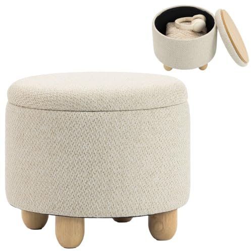 HOMCOM Storage Ottoman Footstool, 38.5 x 38.5 cm, Beige | Burlap Fabric, Round Small Ottoman Foot Rest, with Lid, Rubberwood Legs, Bedroom, Hallway, Living Room