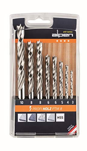 ALPEN Spiralbohrer PROFI Holz 8-teilig (ø 3-10 mm, Holzspiralbohrer, Set in der Kunststoffkassette, für Weich- und Hartholz) 600093100