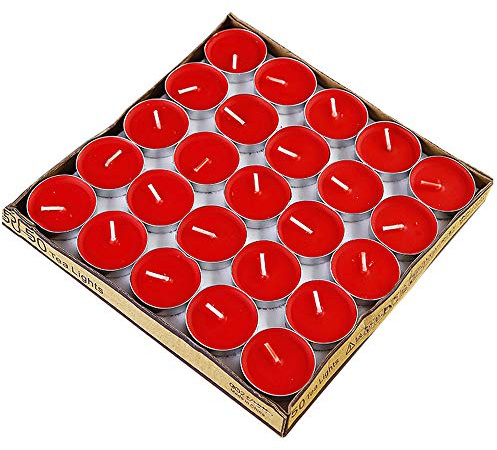 Tea Lights Candles, 50 Pack Colorful Tealights Paraffin Pressed Wax About 2 Hours Burn Time for Travel, Centerpiece, Decorative, Gifts, Happy Birthday, New Year (Red)
