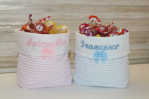 ideeanto Sacchetto Porta Confetti Caramelle Nascita, Porta Oggetti Neonato cameretta Personalizzato con Nome del Bambino/a (Rigato Rosa)