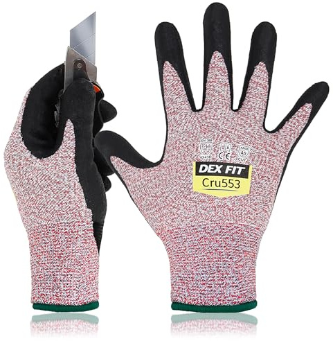 DEX FIT Level 5 Cut Resistant Gloves Cru553, 3D-Comfort Fit, Firm Grip, Thin & Lightweight, Touch-Screen Compatible, Durable, Breathable & Cool, Machine Washable; Red M (8) 1 Pair